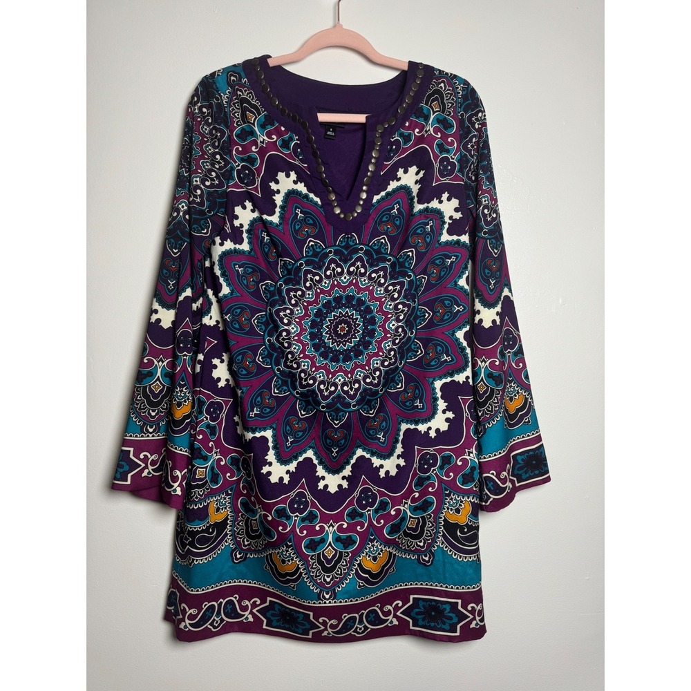 Nicole by Nicole Miller Purple Mandala Print Studded V-Neck Shift Mini Dress 8